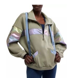 FP Movement by Free People Olive Green Half-Zip Pullover with Iridescent Trim